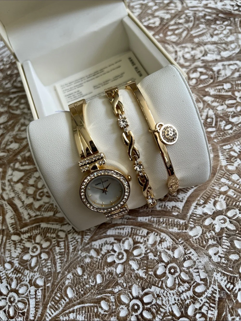 Anne Klein Gold-Tone Crystal Accent Watch and Bracelet Trio with Gift Box NWT
